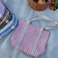 Pink checkered canvas tote bag for girls with cream straps and snap closure details - Pink