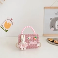 Pink tweed kids crossbody bag with pearl handle and plush bunny doll ornament - Style 2