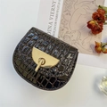 Mini girls' saddle bag with dark crocodile embossed leather and golden clasp - Dark Brown