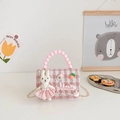 Pink houndstooth mini bag with pearl handle and plush rabbit charm for girls - Style 3