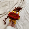 Handmade crochet mini bag with funny red lips and big eyes in bright yellow finish - Yellow