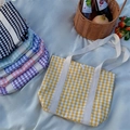 Kids plaid canvas tote bag in yellow checkered pattern with snap button closure - Yellow