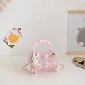 Pink tweed girls mini handbag with pearl handle, rabbit doll and gold chain strap - Style 4