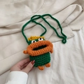 Kids funny cartoon green crochet mini crossbody bag with orange lips and fuzzy hair - Green