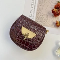 Mini burgundy faux crocodile leather saddle bag with elegant gold metal lock for girls - Burgundy