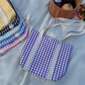 Kids purple plaid canvas tote bag with snap closure and cream woven handles - Purple