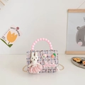 Mini sac à main en tweed rose et bleu pour filles avec anse en perles et lapin - Style 5