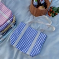 Kids checkered canvas tote bag available in multiple pastel colors for outdoor picnic - Blue
