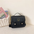 Black vintage PU leather children backpack with minimalist gold bear print and straps - Black