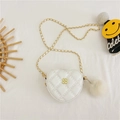 Quilted white heart-shaped crossbody bag for girls with chain strap and plush ball charm - White