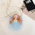 Bolso de encaje azul para niñas con asa de perlas, muñeca de peluche y cadena dorada - Azul