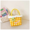Borsa bimba intrecciata a scacchi gialli con bordo in finta pelliccia e decorazione floreale - Patchwork Arancione Giallo