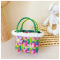 Kids woven checkered handbag with pink floral decor and soft white faux fur trim - Pink Green Contrast