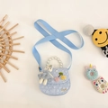 Light blue embossed kids purse with white pearl handle and cute rabbit doll charm - Rabbit / Blue