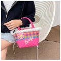 Pink woven mini handbag for girls with white faux fur trim and floral decoration - Rose Red