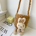Borsa a tracolla in maglia marrone per bambine con decorazione di coniglio in peluche - Marrone