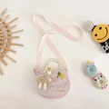 Cute pink girl's plush bunny crossbody bag with pearl handle and lace details - Rabbit / Pink