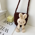 Borsa a secchiello in maglia marrone per bambine con decorazione di coniglio peluche - Marrone