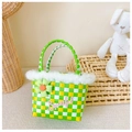 Green and yellow checkered woven girls handbag with white fur trim and flower detail - Green