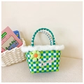 Green and white checkered woven handbag with fur trim and flower for girls - Dark Green