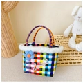 Kids colorful woven tote bag with white faux fur trim and flower patch accent - Black