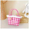 Pink and white checkered woven kids handbag with floral detail and faux fur trim - Pink