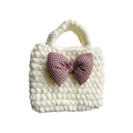 Borsa lavorata a maglia bianco crema per bambini con fiocco a scacchi rosso moda - Fiocco Bianco