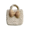 Borsa a mano beige in maglia per bambini con un fiocco a quadri gialli e bianchi - Fiocco Beige