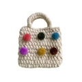 Winter girls' handmade knit handbag with colorful plush balls and stylish bow detail - Beige
