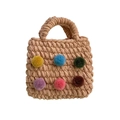 Chic beige knitted child's handbag with colorful plush pom-poms and bow accent - Brown