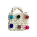 Handmade woven plush tote bag for girls in cream white with colorful pom-poms and bow - White