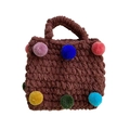 Winter girls brown handwoven plush handbag with colorful pom-poms and cute design - Coffee