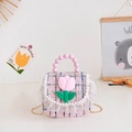 Bolso tweed rosa para niña con tulipán 3D, perlas encaje y correa de cadena dorada - Azul a Cuadros
