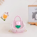 Bolso de tweed rosa para niña con diseño de tulipán y asa de perlas rosadas - Rosa Claro