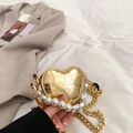 Mini golden heart-shaped purse with crocodile texture, pearl handle and metal chain - Gold