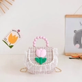 Bolso bandolera rosa de tweed para niña con flor de tulipán y asa de perlas - Cuadros rosa claro