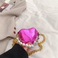 Mini pink heart crossbody bag with pearl handle and crocodile pattern in metallic finish - Rose Purple