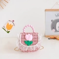 Pink tweed girls handbag with tulip decoration, pearl trim and beaded handle strap - Deep Pink