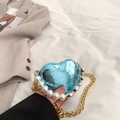 Mini heart-shaped purse in metallic blue faux leather with pearl handle and chain - Blue