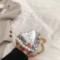 Mini sac à main cœur argenté avec perles, motif crocodile et bandoulière dorée - Argent