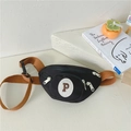 Kids black canvas waist bag with brown strap and contrast white zippers - Black