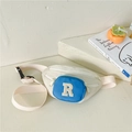Kids off-white canvas crossbody bag with blue zipper pocket and letter R embroidery - Blue