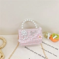 Pink tweed mini pearl handbag for girls with gold chain strap and Love rhinestone charm - Pink