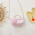 Mini bolso de tweed rosa y blanco para niña con asa de perlas y cadena dorada - Pata de Gallo Rosa