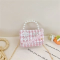 Pink houndstooth mini crossbody bag for girls with pearl handle and metal chain strap - Pink Houndstooth