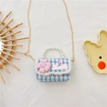 Kids quilted crossbody bag in blue tweed with pearl handle and pink flower detail - Light Blue Houndstooth