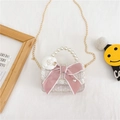 Pink tweed mini handbag for girls featuring a large bow and white camellia pearl handle - White Bow