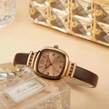 Elegant rose gold square quartz watch for women with brown leather strap and jewel accents - Rose Gold Brown Dial Brown Strap