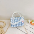Mini pearl handle crossbody bag with blue houndstooth fabric and gold chain strap - Light Blue Houndstooth