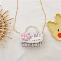 Pink tweed mini flower crossbody bag with pearl handle and golden chain for girls - White